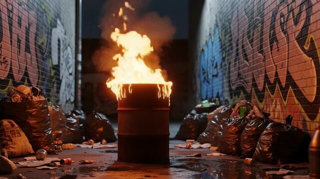 Burning Barrel in the Alley: A scene of urban grit unfolds, with a fiery barrel illuminating a cluttered alleyway, creating a stark contrast between fire and decay.