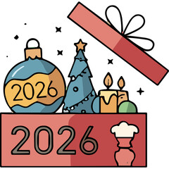 A Festive Surprise Box Unveiling Christmas Ornaments A Decorated Tree Candles and the Year 2026 Symbolizing Holiday Cheer and New Beginnings in a Vibrant Composition