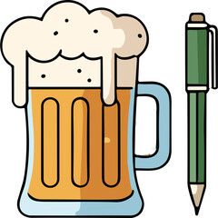 A Frothy Mug of Golden Beer Next to a Green Pen Representing Relaxation and Work Balance