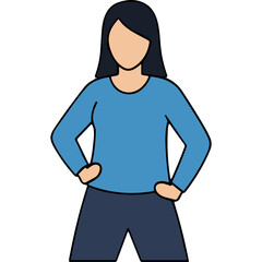 A Full Body Flat Illustration of a Woman with Dark Hair Wearing a Blue Long Sleeved Shirt and Dark Blue Pants Standing with Hands on Hips Against a Black Background