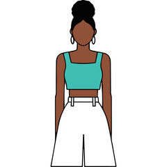 A Full Body Illustration Of A Woman Standing Wearing A Teal Crop Top And White High Waisted Shorts Against A Black Background
