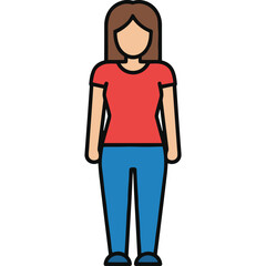 A full body illustration of a woman wearing a red t shirt and blue jeans standing against a black background with a simple flat design and no facial features