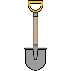 A graphic illustration of a shovel with a yellow handle and a gray metal head on a black background isolated studio shot