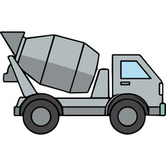 A Gray Cement Mixer Truck With Blue Windows And Black Tires On A Black Background