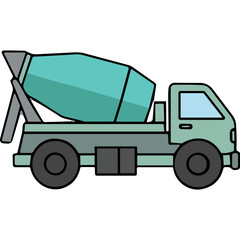 A Light Green Cement Mixer Truck With A Teal Barrel And Dark Gray Wheels On A Black Background Flat Design