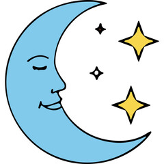 A Light Blue Crescent Moon With A Closed Eye And A Gentle Smile Rests In A Dark Night Sky Next To Two Golden Four Pointed Stars