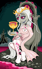 Horror cartoon version of the Queen of Cups. Vector illustration.
