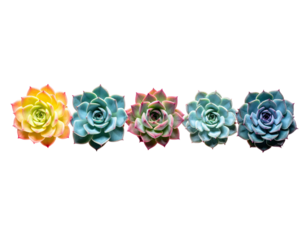 Five colorful succulent rosettes arranged horizontally against a stark, black background