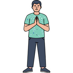 A Man Wearing a Light Blue Patterned T Shirt and Dark Blue Pants Stands with Hands Clasped Together in a Welcoming Gesture Against a Black Background