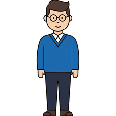 A Man Wearing A Blue Sweater Over A White Collared Shirt And Dark Pants With Round Glasses Standing Against A Black Background