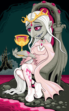 Horror cartoon version of the Queen of Cups. Vector illustration.
