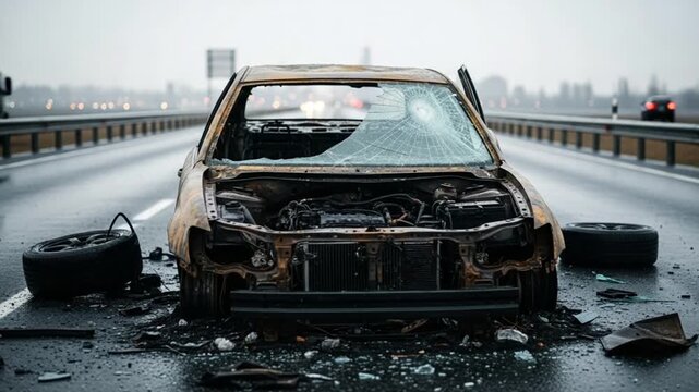 Wreckage on the Road: A severely damaged car rests on the shoulder of a highway, evidence of a serious incident. The scene is somber, with broken glass and scattered debris.