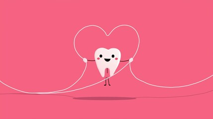 Cartoon tooth character holds dental floss on pink background for oral health theme