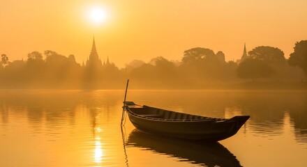 Serene sunrise landscape with a wooden boat floating on calm water, golden morning light, misty atmosphere, and distant temple silhouettes creating a peaceful and tranquil nature scene.