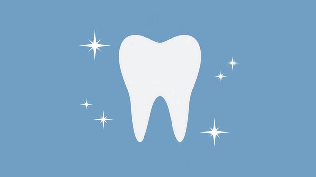 Bright white tooth on blue background with shining stars for dental health promotion - Powered by Adobe