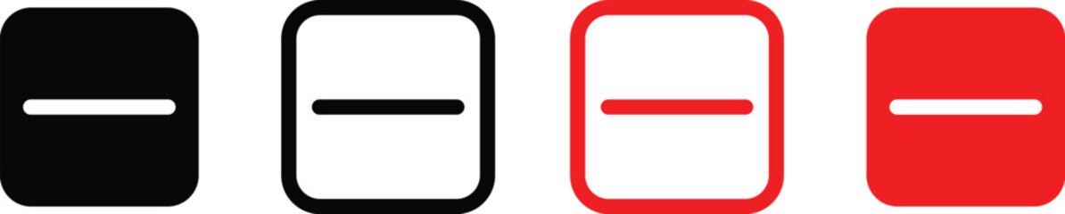 Minus remove icon set , stop sign. Graphic symbol for subtraction, removal, negative, or do not enter concept. horizontal line, dash inside a circle in outline and solid for delete actions, Minus Sign