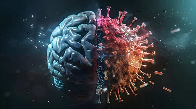 Surreal artwork of human brain and virus fusion depicting the intersection of science and nature - Powered by Adobe
