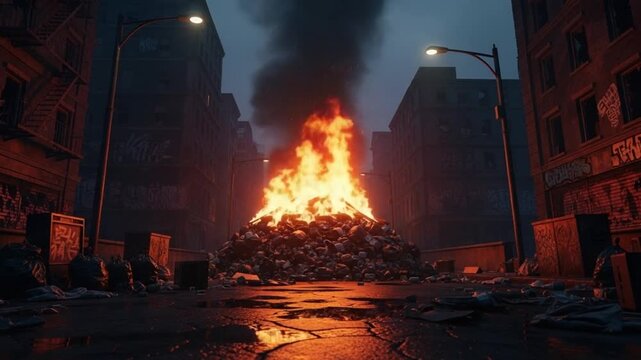 Urban Inferno: A towering inferno engulfs a city street. The scene of devastation paints a stark portrait of destruction.