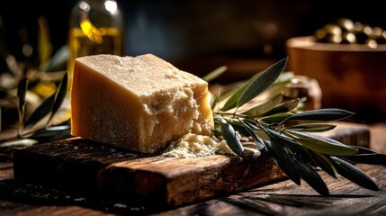 Parmesanst&uuml;ck mit Olivenzweigen in warmem mediterranem Licht
