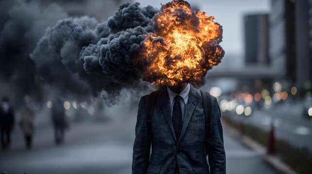 Dramatisches Konzeptbild eines Mannes mit feuriger Explosion am Kopf
