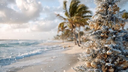 Christmas tree with ornaments on tropical beach with falling snow