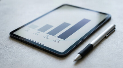 Close up digital tablet displaying financial growth bar chart and stylus pen on desk. Business analysis and investment concept