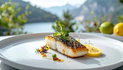 Perfectly Seared Fish Fillet Delicately Plated with Garnish, Overlooking a Serene Mountain Lake View