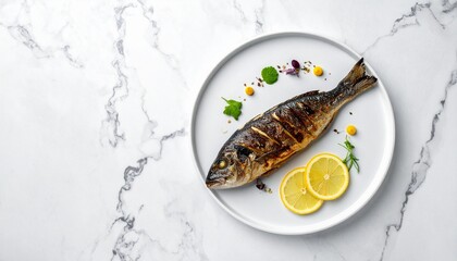 Top view of a gourmet grilled fish served with lemon slices on a marble background