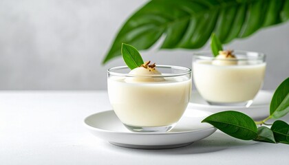 Creamy Lychee Dessert Elegantly Presented in Glasses with Fresh Green Leaf Garnish