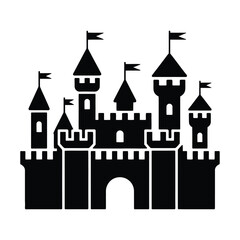 Silhouette vector image of a black medieval castle with towers, on white background.
