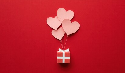 Heart shaped balloons tied to red gift box with white ribbon bow on deep red background. Valentine's Day celebration, love and romance concept.