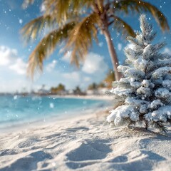 Christmas tree with ornaments on tropical beach with falling snow
