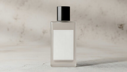 Elegant perfume bottle with blank label on textured background minimalist design for branding and product presentation in beauty and cosmetics industry