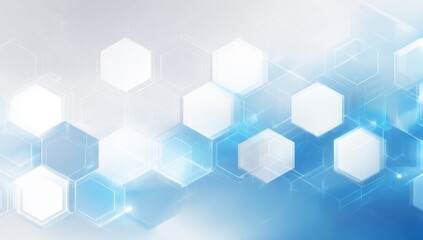 Abstract futuristic technology background with hexagonal geometric patterns. Blue and white transparent hexagons, digital network concept.