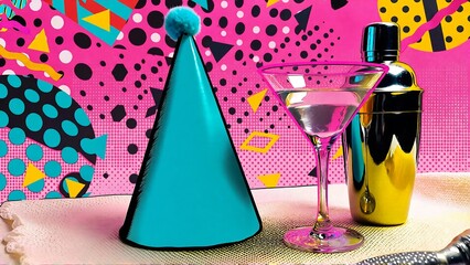 Vibrant 80s retro party vibe with cocktail and bright geometric background celebrating fun