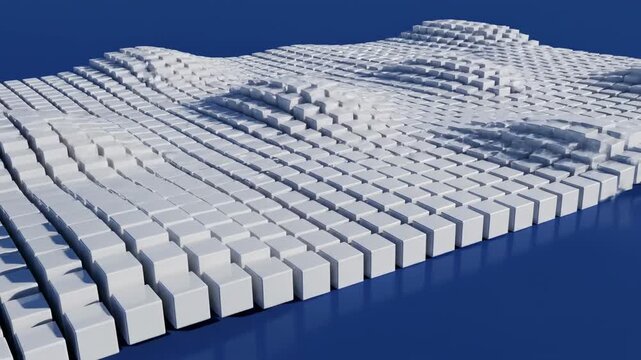 Seamlessly looping motion graphics of thousands of small white cubes rising and falling rhythmically in perfect geometric synchrony on a deep blue background organization, animation, template