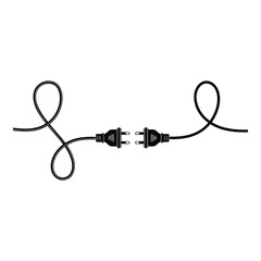 Two electric plugs connected by a wire forming a stylized graphic on a white background.