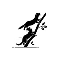 Two black and white ferrets climbing simple branch vector art