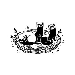 Minimalist ferrets curled in nest black line art on white background