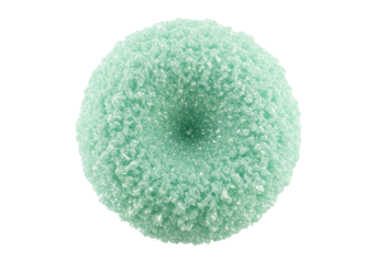 Macro shot of an isolated, circular mint green abstract shape featuring granular, iridescent foil and frosted ice texture, diffused edges on white background, conceptual purity and modern design