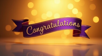 A close up of a purple ribbon with a congratulations message