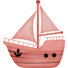 Cute Pink Sailing Ship Cartoon Illustration