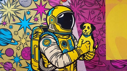 Obraz premium Vibrant pop art astronaut holding happy puppy against colorful cosmic background with planets and stars