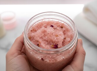 Close Up Of Hands Holding A Jar Of Pink Rose Petal Body Scrub With Fine Grains And Natural Ingredients In A Bright Clean Bathroom Setting With Soft Towels In The Background