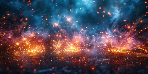 Abstract panoramic digital artwork with fiery particles and cosmic elements