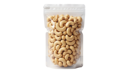 Cashews in a clear plastic bag isolated PNG, healthy snack food on transparent background for packaging design and nutrition concepts