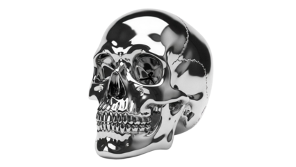 Shiny chrome skull isolated PNG on transparent background, anatomical model for Halloween and gothic themes, metallic human cranium