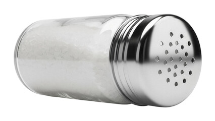 Classic salt shaker PNG isolated on transparent background, kitchenware for seasoning and dining table use, transparent container with metal lid