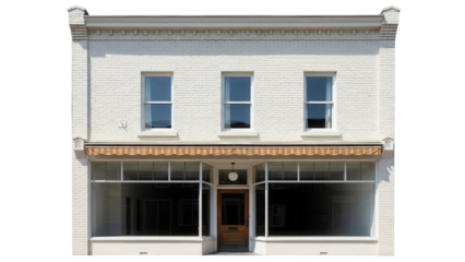 Two-story brick building with awning and large windows isolated PNG, commercial real estate for business and retail use