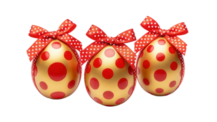 Three golden Easter eggs with red polka dots and bows isolated PNG, festive holiday decorations on transparent background